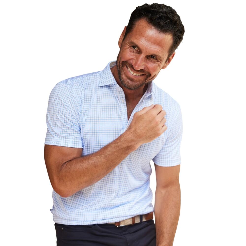 COLLARS & CO Polo Shirt 2XL RELAXED Blue Check Performance Semi Spread NWT - Picture 7 of 7